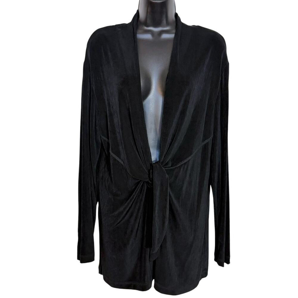 Chico's Travelers Black Slinky Ribbed Tie Front Cardigan Duster Jacket Size 3